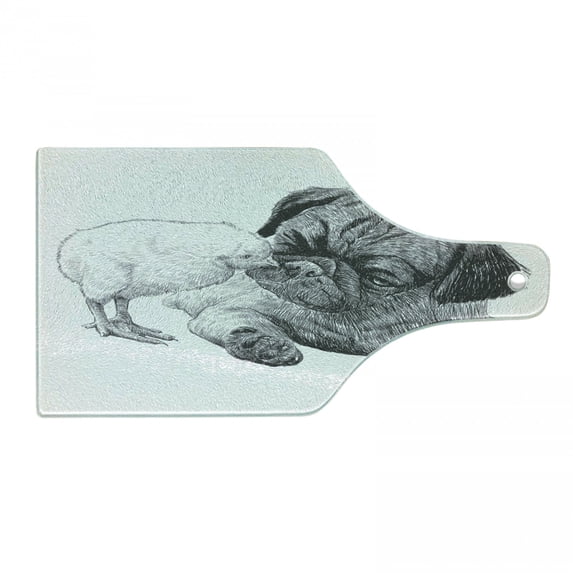 Pug Cutting Board, Picture of a Pug and Little Chick Drawn by Hand Love Affection Between Animals, Tempered Glass Cutting and Serving Board, Wine Bottle Shape, Charcoal Grey White, by Ambesonne
