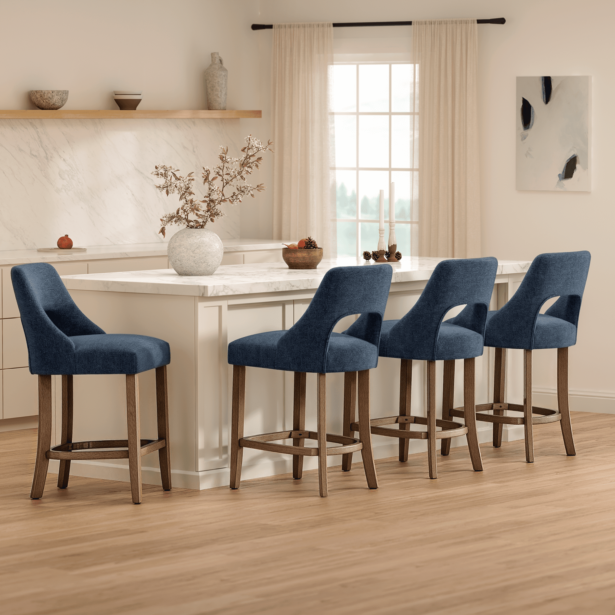 Jopath Set of 2 Bar Stools, Upholstered Counter Height Bar Stools, Modern Counter Stools with Wood Legs for Kitchen Island Dining Room Bar Navy