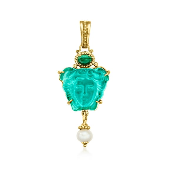 Ross-Simons Italian Tagliamonte Green Venetian Glass, Malachite and 7.5-8mm Cultured Pearl Medusa Pendant in 18kt Gold Over Sterling, Women's, Adult