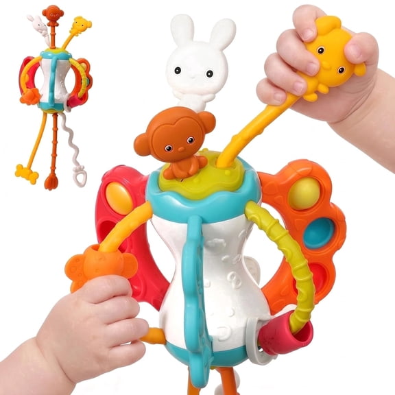 Montessori Baby Sensory Toys for 6-12 Months, Silicone Pull String Teething Toy, 1 Year Olds Boys & Girls Gift