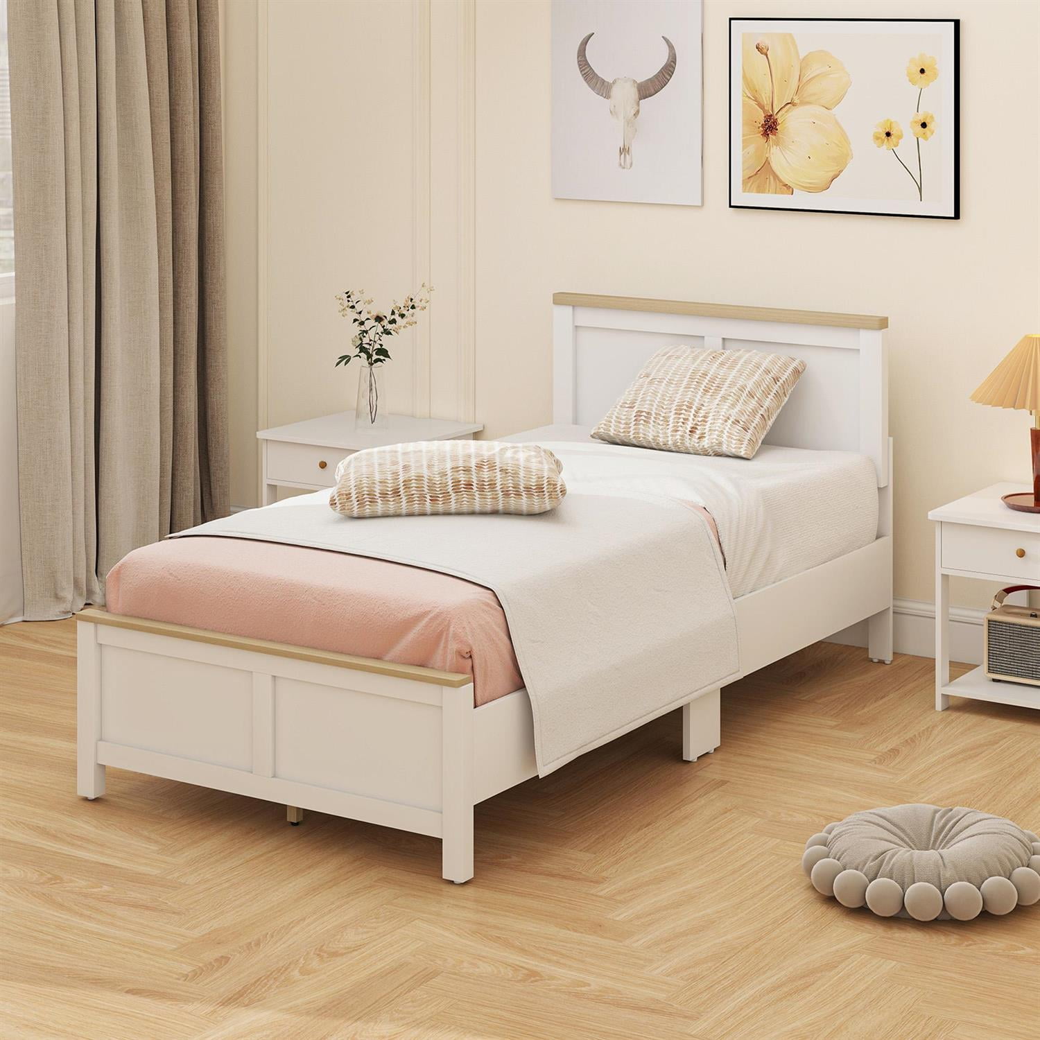 Demi Bonn Modern Twin Bedframe with Headboard, WoodSlat Design NoBoxSpringRequired, EasyAssembly Bed for Bedrooms, White