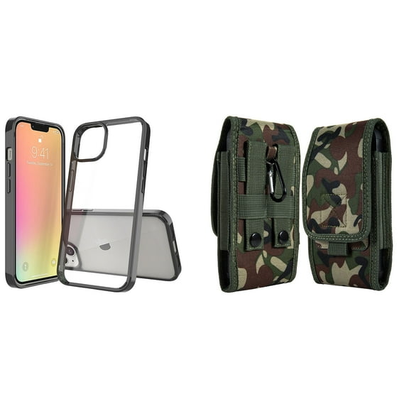 Bemz Case and Pouch Bundle for iPhone 14 Pro: Fusion Protector Slim Case (Black/Clear) and Vertical Rugged Nylon Belt Holster (Green Camo)