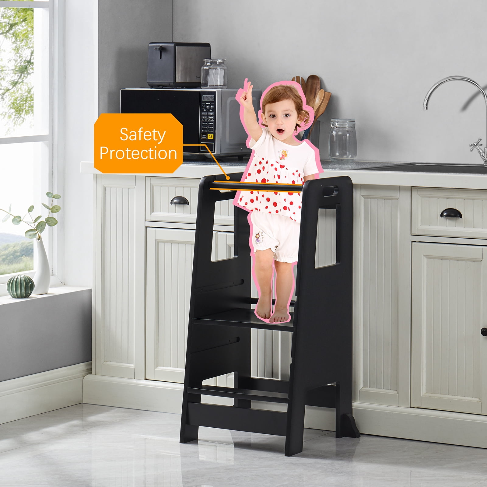 Kid's Wooden Kitchen Step Stool, Adjustable Platform Standing Tower with Safety Guardrail Child Studying Tower, Toddler Stool for Bathroom, Cooking Helper