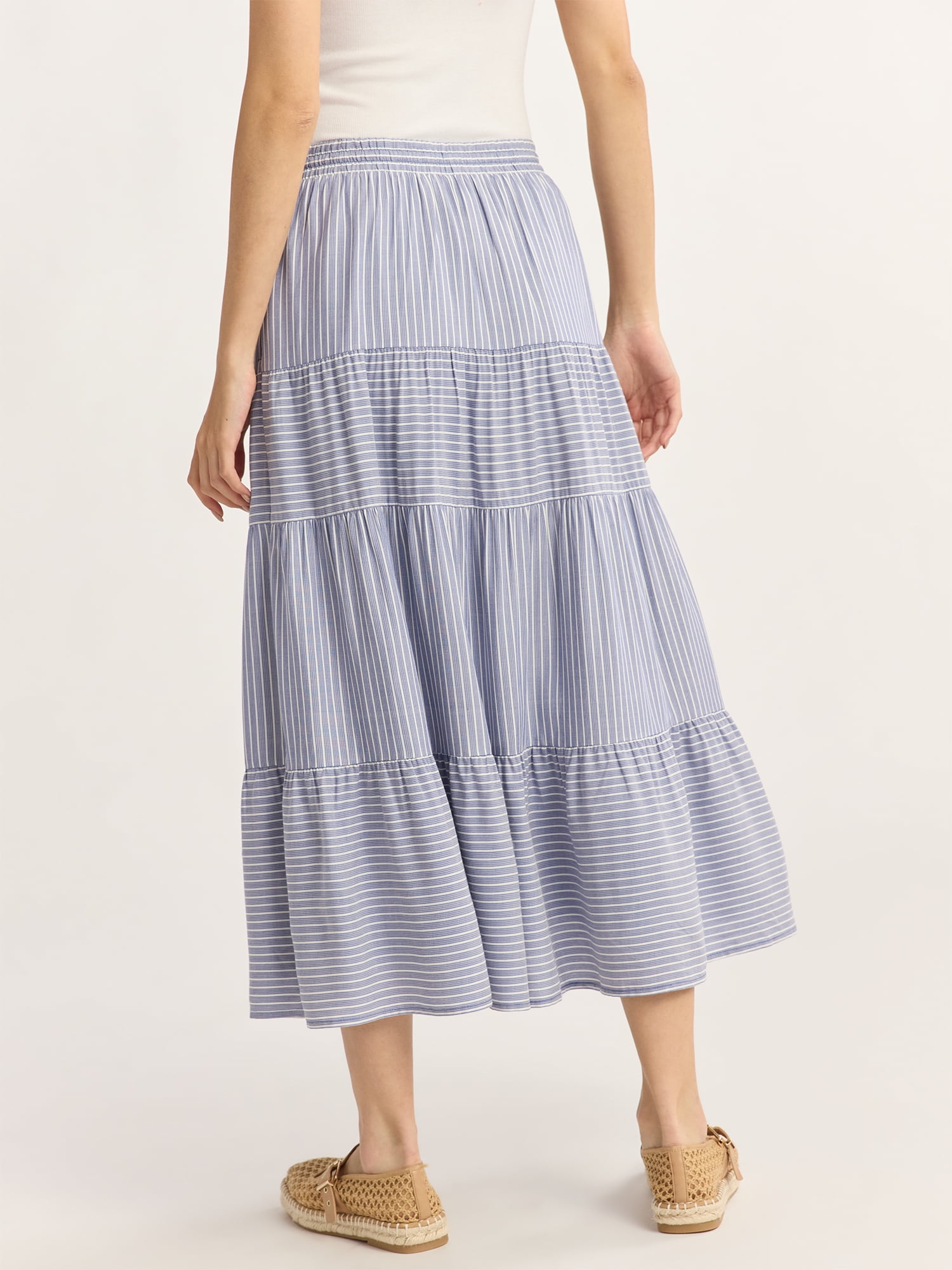 Time and Tru Women’s and Women's Plus Tiered Midi Skirt with Elastic Waistband, Sizes XS-4X