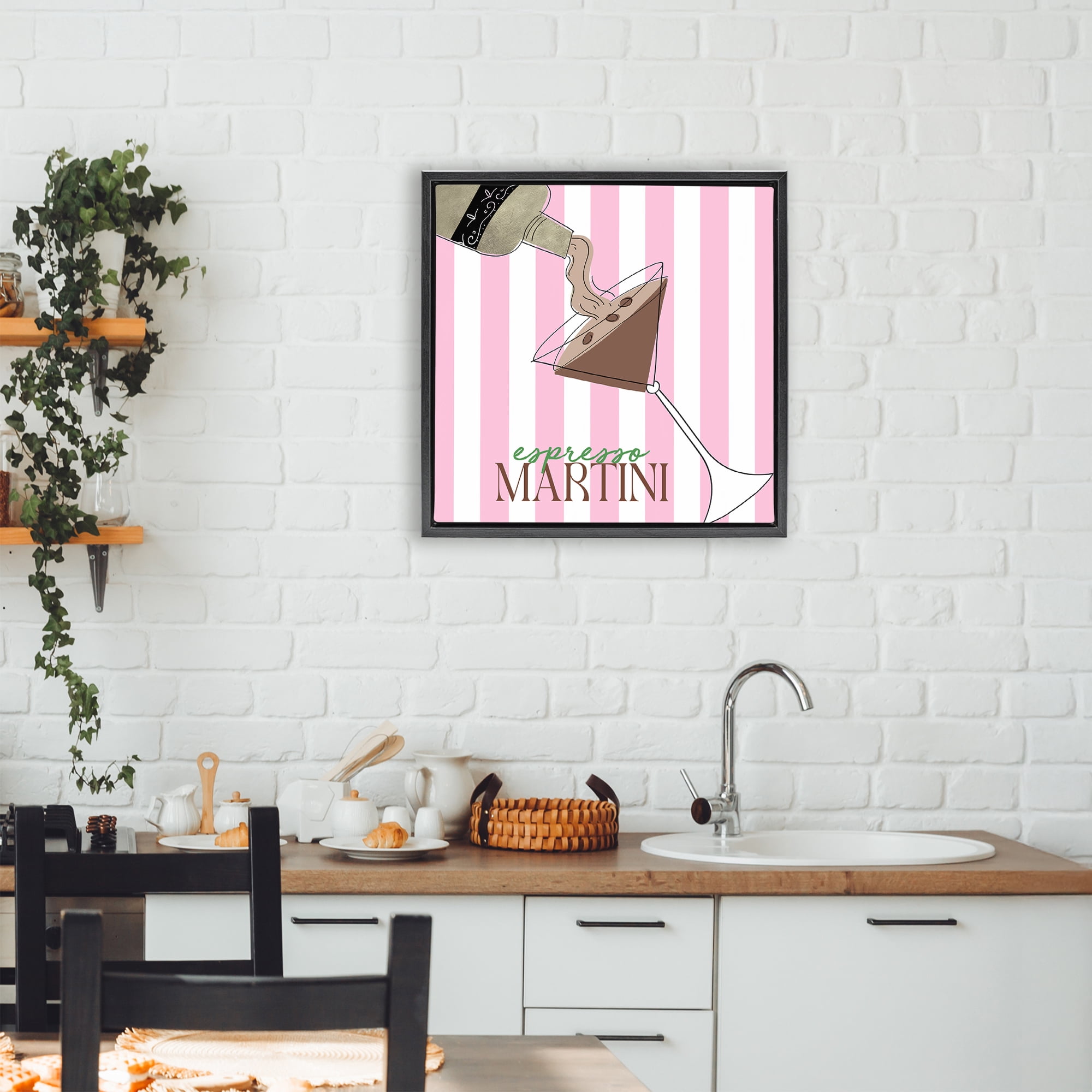 Stupell Industries Espresso Martini Pink Stripes Black Framed Floater Canvas Wall Art, design by Deidre Mosher