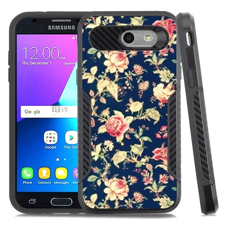 Carbon Fiber Phone Protector Case - Dual-Layer Case for Samsung Galaxy J3 Luna Pro 4G LTE / J3 Eclipse / J3 Emerge / J3 Prime, OneToughShield ® Hybrid shockproof Protector Phone Case with Carbon Fiber Texture - Floral Garden