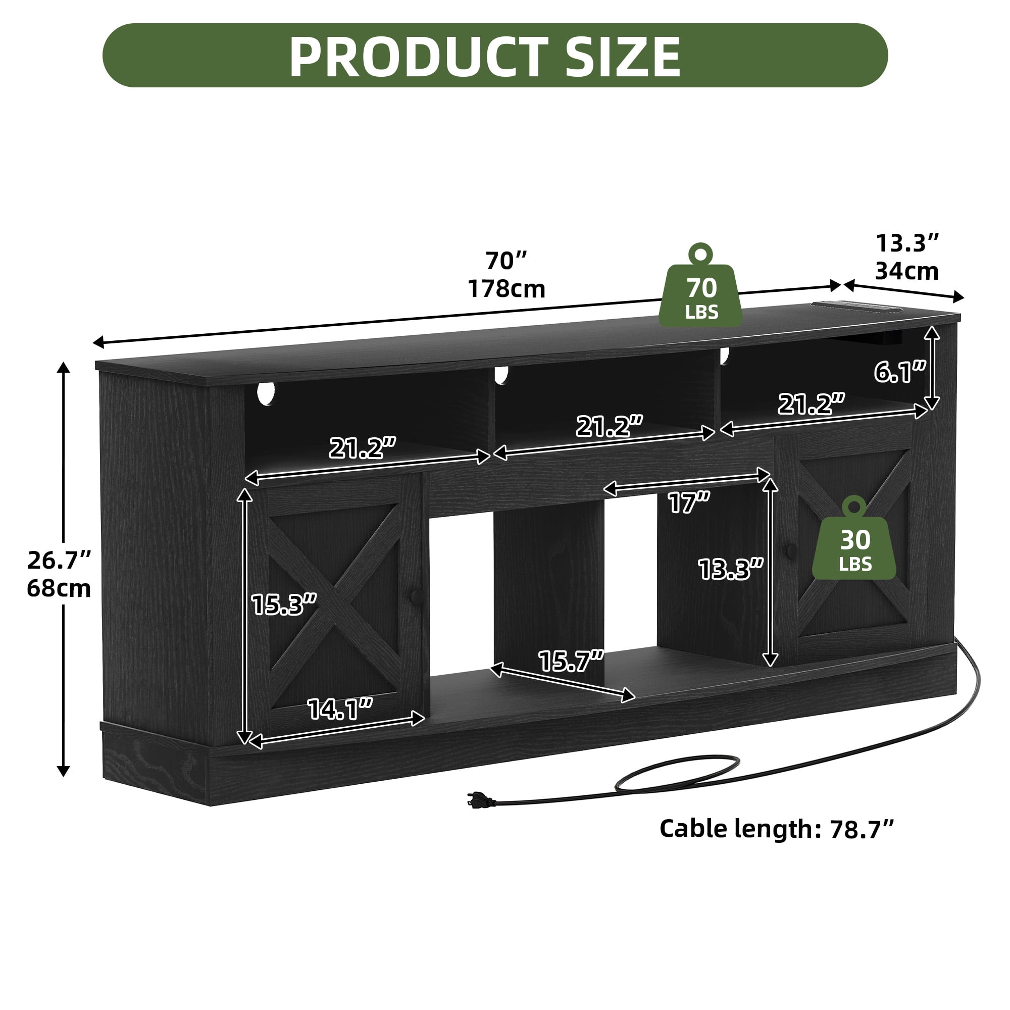 Uforic 70'' TV Stand for 80-Inch TV, Entertainment Center with Multi-Color LED Lighting, Charging Outlets, & Plenty of Storage for Living Room, Black
