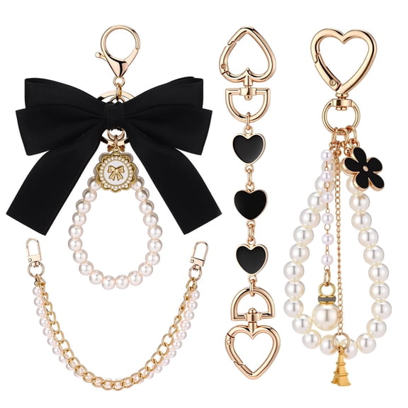 4 Pcs Bag Charm Chains Set, Pearl Purse Charms Extension Strap, Bow Heart Flower Keychains, Decorative Accessories for Handbags Tote Bags (Black)