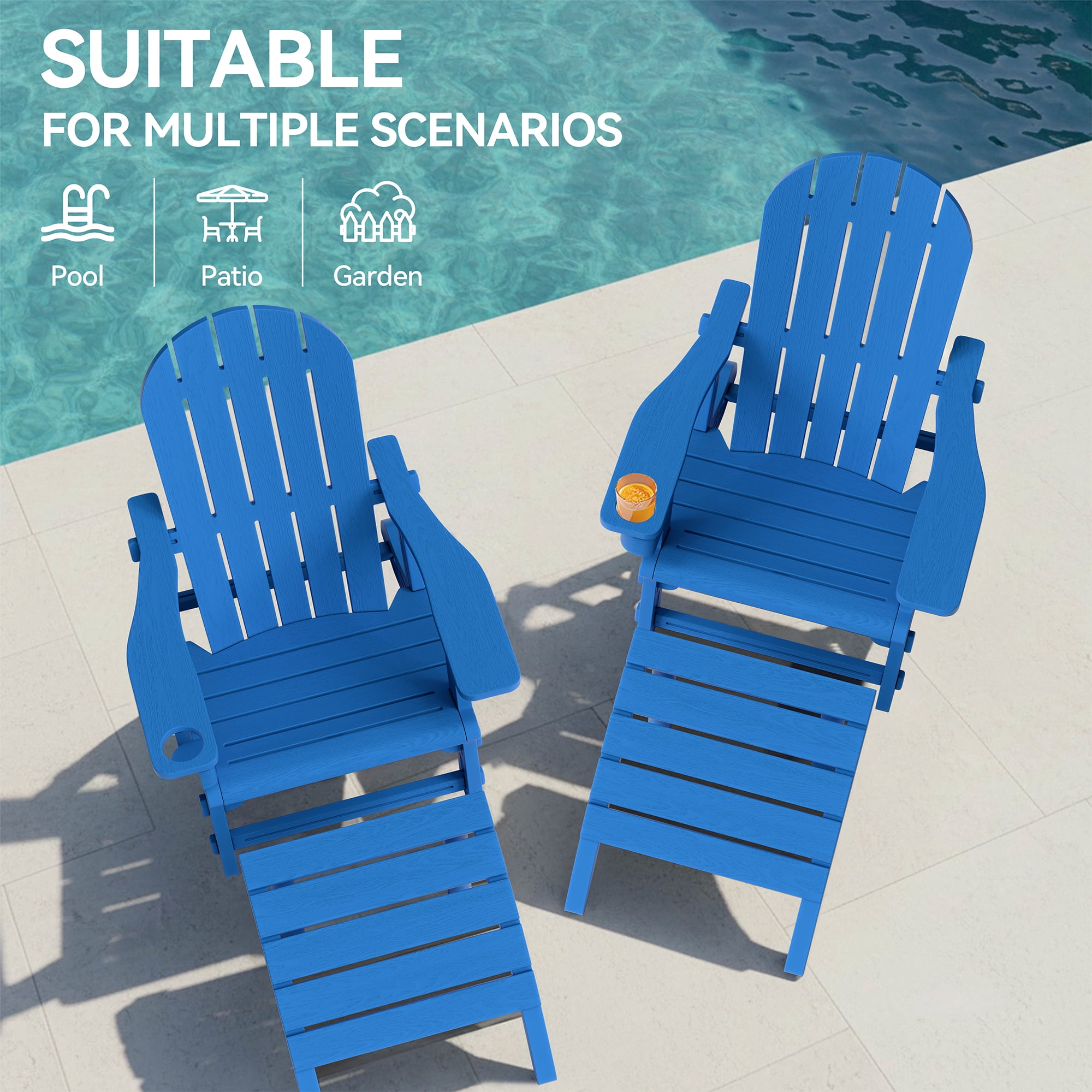 Walsunny Adirondack Chairs Set of 2 HDPE Outdoor Chair Set with Connecting Tray Cup Holder Removable Tabletop Pull-Out Footrest,All-Weather HDPE Outdoor Chair Set,Blue
