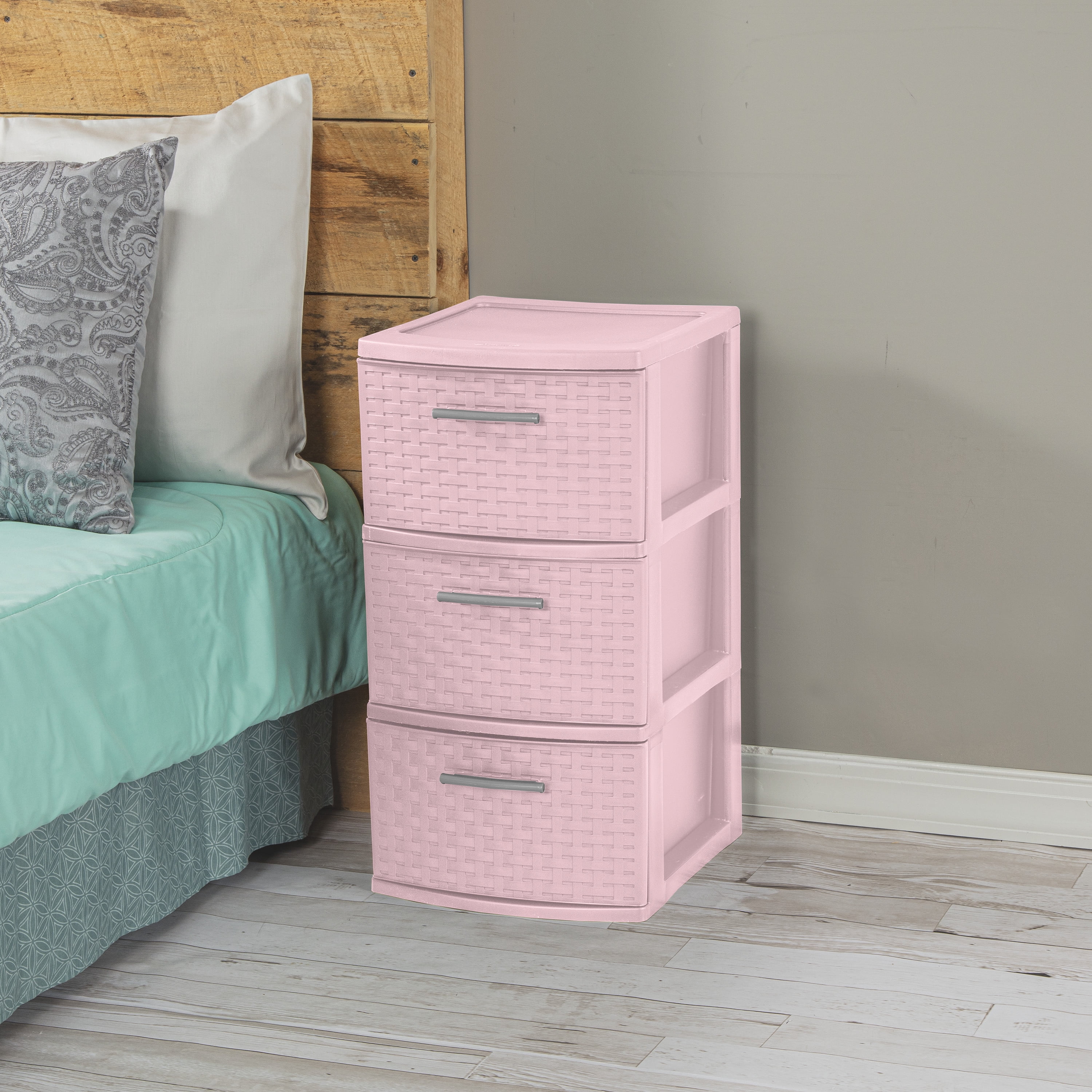 Sterilite 3 Drawer Tower, Slim Plastic Weave 3 Drawer Tower with Pull Handles, Pink, Pack of 2
