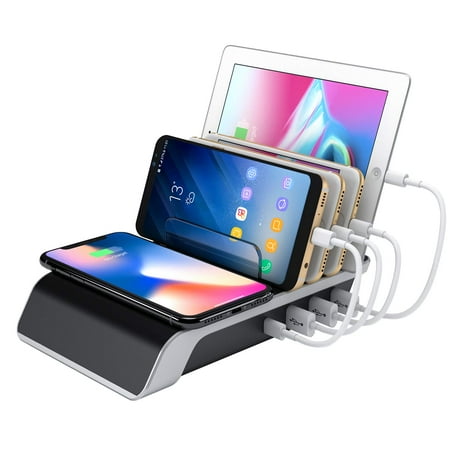 GLiving USB Charging Station for Multiple Devices with Wireless Charger Stand 4 Port Docking Station Cellphone Charging Station with Wireless Charging Pad, (Best Vpn For Multiple Devices)
