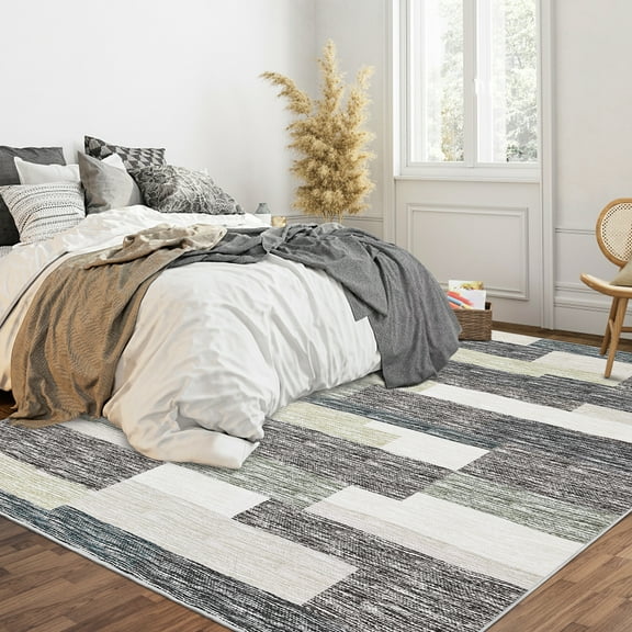 Hasoo 9' x 12' Area Rug for Living Room Modern Geometric Washable Rug Patchwork Indoor Low Pile Throw Carpet for Dorm, Gray/Green