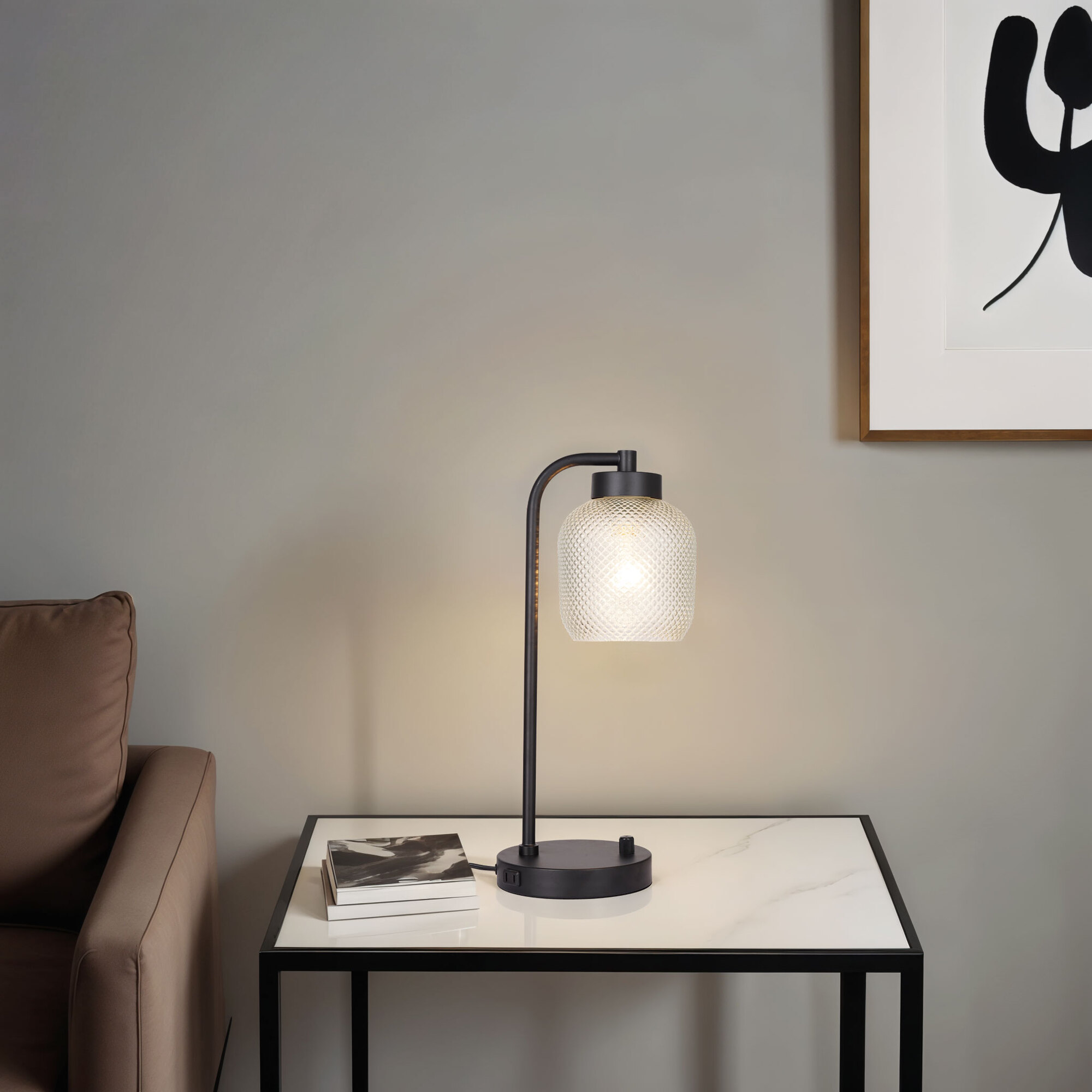 Kenroy Home Prismatic 17.75''  Desk Lamp Modern Task Light with Dome Glass Shade and  2-Prong Power Outlet in Base for Home, Office, or Bedroom, Black