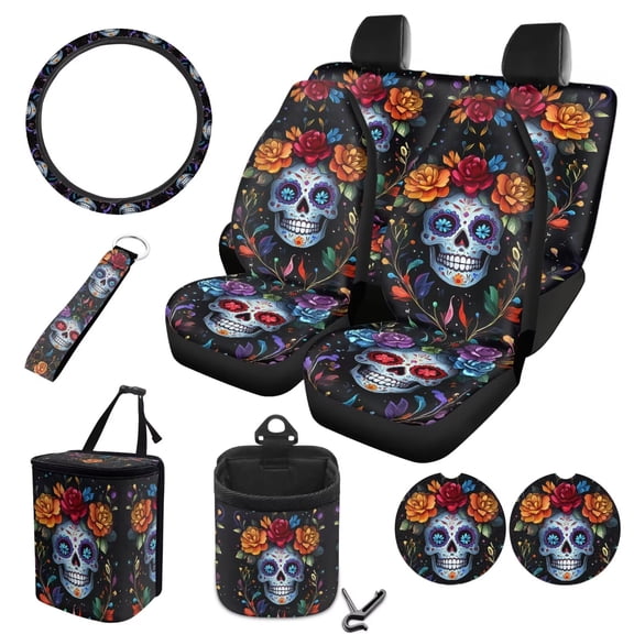 LedBack Skull Rose Print Car Seat Cover Sets Full Set, 10 Pack Car Accessories Include Auto Seat Covers Steering Wheel Cover Garbage Bag Vent Storage Pouch Cup Cushions and Keychain