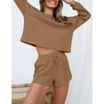 thumbnail image 2 of Haut à Manches Longues et Shorts en Tricot Gaufré pour Femmes Ensemble de Pyjama de Détente avec Poches, 2 of 5