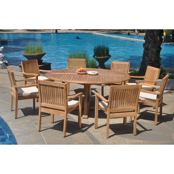 Grade-A Teak Dining Set: 8 Seater 9 Pc: 72" Round Table And 8 Leveb Stacking Arm Chairs Outdoor Patio WholesaleTeak #WMDSWVm