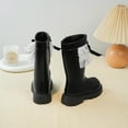 thumbnail image 3 of Black Mid Calf Boots for Sweet Lace Bow Waterproof Leather Fuzzy Lined Zipper Booties Non Slip Chunky Lug Sole Winter Boots, 3 of 6