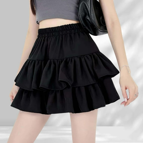 Women's High Waist Ruffle Mini Skirt Cute Tiered Short Skirt (Black L)