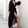 thumbnail image 2 of JIAYUE Womens Swimwear Cover-Ups Pure Color V Neck Lace Up Ankle Length Ruffle Hem Breathable Flowy Long Sleeve Beach Comfortable Vacation Swimsuit Cover Up Dresses, 2 of 4