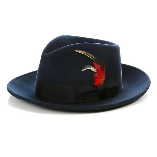 Ferrecci Navy Wool Crushable Fedora with Removable Feather - Unisex, Men’s, Women’s Traveler Hat (X-Large 61cm-7 5/8)