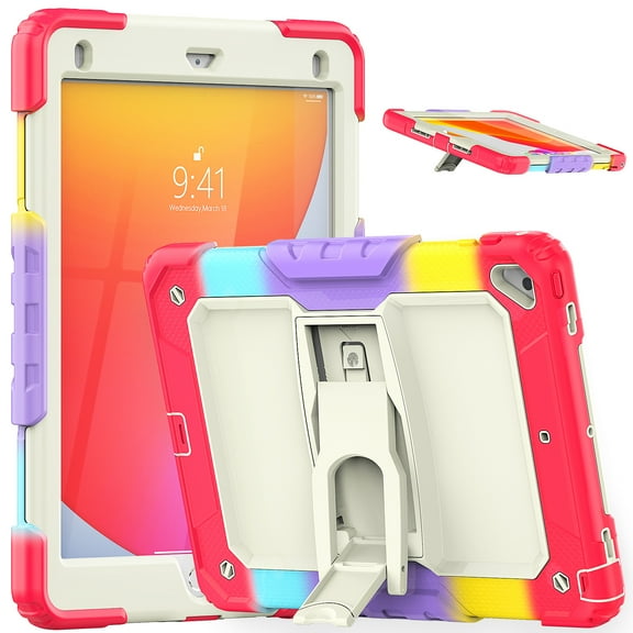 Dteck Built-in Screen Protector Case for iPad 5th/6th Generation 9.7inch,iPad Air 2/iPad Pro 9.7 inch 2016 Shockproof Silicone PC Case Kickstand Cover with Shoulder Strap,Colorful/Red