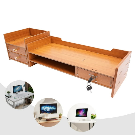 Dwellnix Desk Organizer with Monitor Stand, 3 Drawers & Large Storage Compartment, MDF Construction, Lockable Drawer, Perfect for Office or Home Workspace Organization