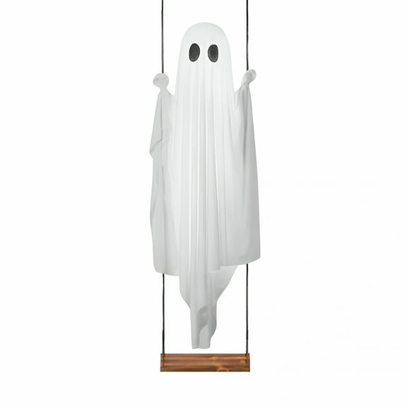 LAMIRO Halloween Decorations Outdoor - 5 Ft Large Hanging Swing Ghost Halloween Decor with String Lights - Spooky Cute Ghosts Decorations for Front Porch Yard Tree Swinging Ghost Outdoor Decor