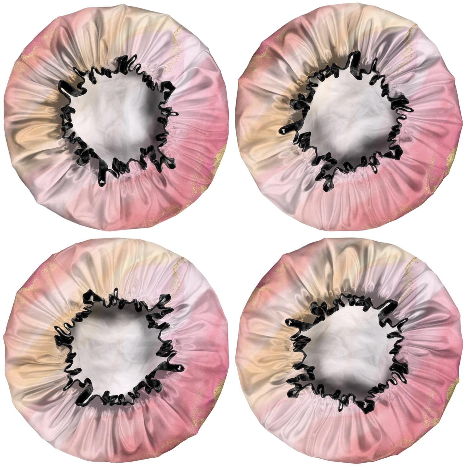 Shower Caps,Pink Gold Marble Pattern Waterproof Shower Cap for Women 4 Pieces,Double Reusable Hair Cover for Shower PEVA Elastic Stretch Hem