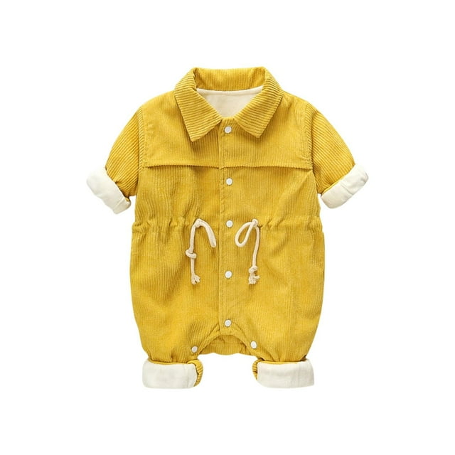 UAMVSH Baby Corduroy Jumpsuit Fleece Lapel Neck Shirts Warm Thick Rompers Soft Button down Drawstring Newborn Clothes(6-9 Months,Yellow)