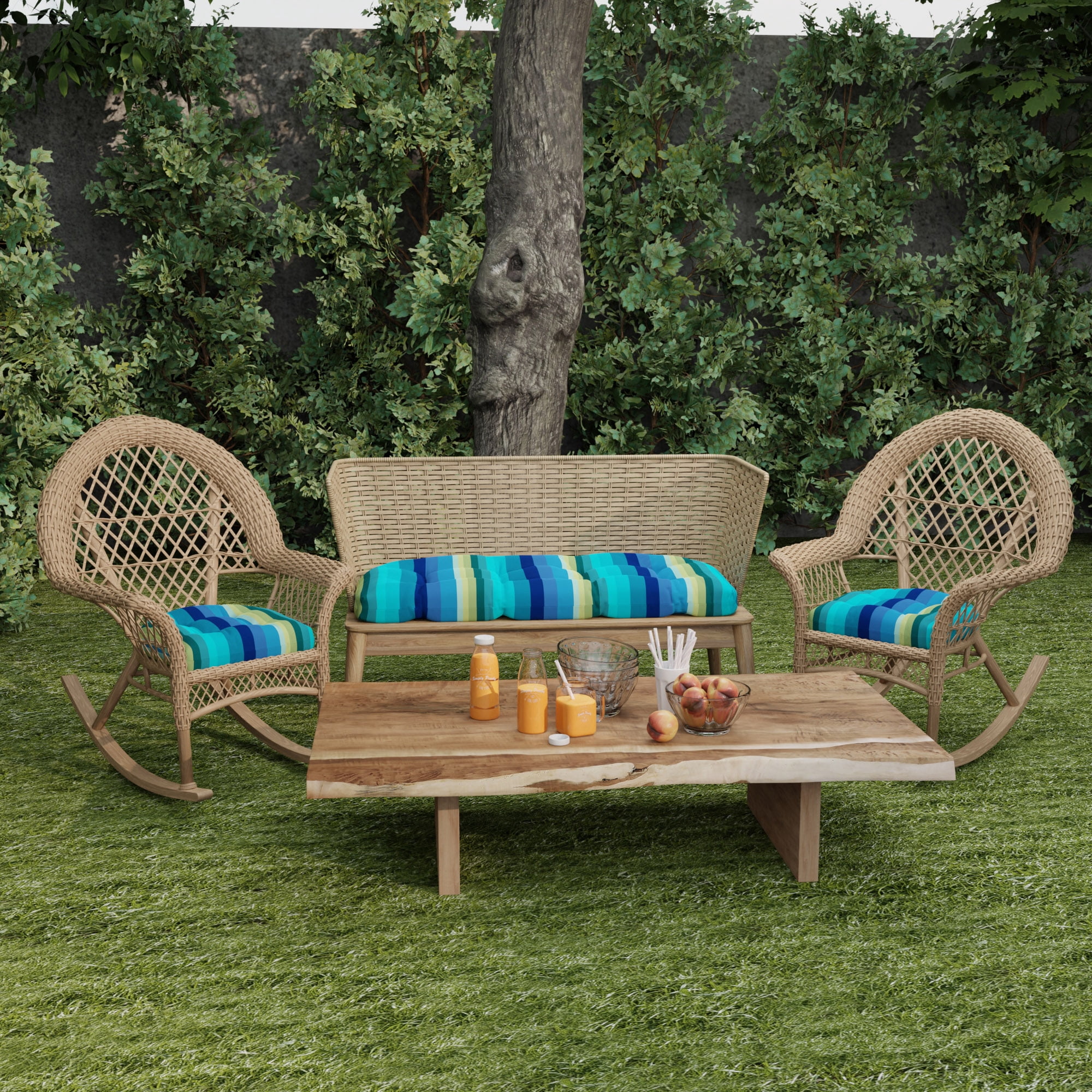Jordan Manufacturing 44" x 18" Islip Teal Stripe Rectangular Tufted Contoured Outdoor Wicker Settee Bench Cushion