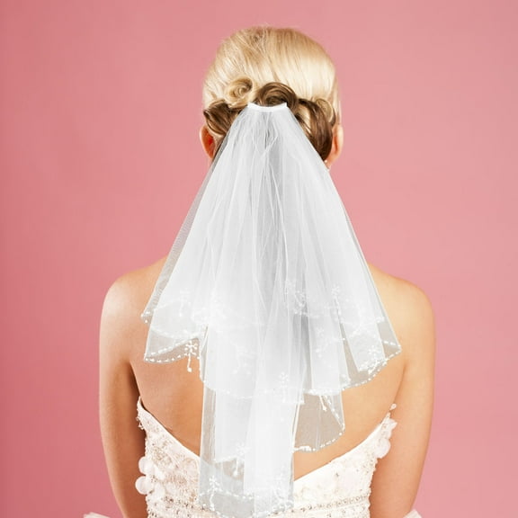 FRCOLOR White Short Wedding Veil With Beaded Bridal Face Veil For Brides Handmade Pearl Veil For Wedding Decorations Bride Costume Accessories