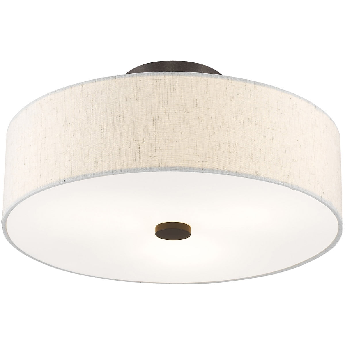 3 Light English Bronze Ceiling Light fixture with Hand Crafted Oatmeal Color Fabric Hardback Shade