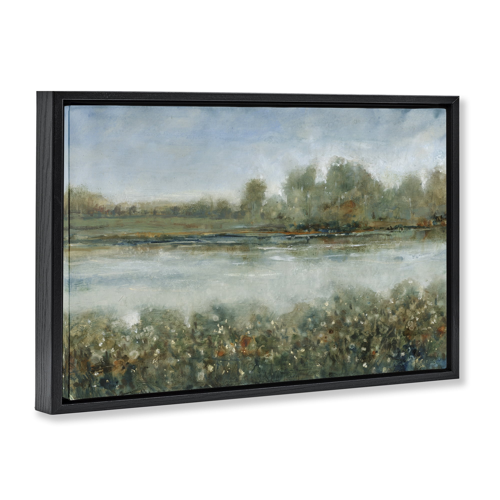 Stupell Industries Vegetation Lining River Landscape & Nature Painting Black Floater Framed Canvas Art Print Wall Art, 25 x 17