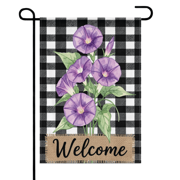 Rustic Morning Glory Garden Flag 12×18in Double Sided Plaid Banner, Country Floral Style, Sturdy Vertical Ornament for Yard Lawn Patio Courtyard Farmhouse Exterior Decor