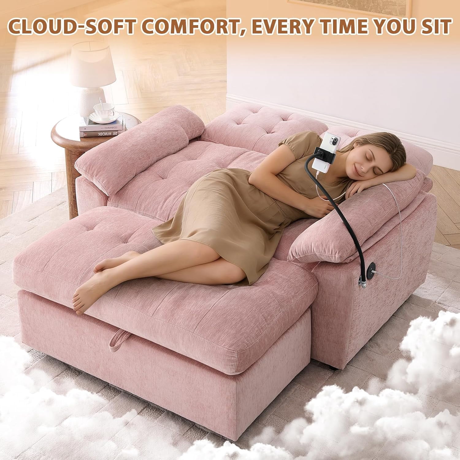 MOONMISS Oversized Chaise Lounge Chair Indoor with Ottoman&Adjustable Backrest,Chenille Tufted Recliner Sofa Chair with USB&Phone Holder,Convertible Sleeper Couch Bed for Living Room,Pink