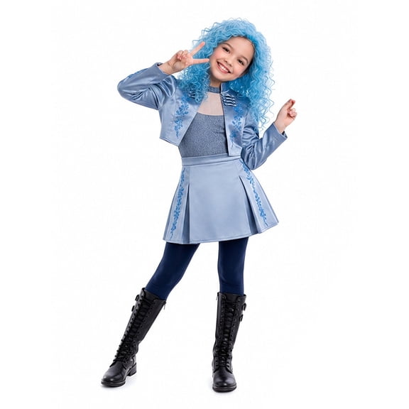 Blue Wonderland Costume Set, Embroidered Cropped Jacket Top and Pleated Skirt, Fantasy Halloween Cosplay Party Outfit