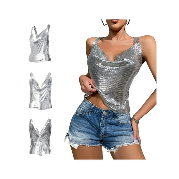 WIFORNT Women's Shine Sequin Tank Tops, Sleeveless Cowl Neck Glitter Back  Cross Crop Vest Silver T-Shirts 