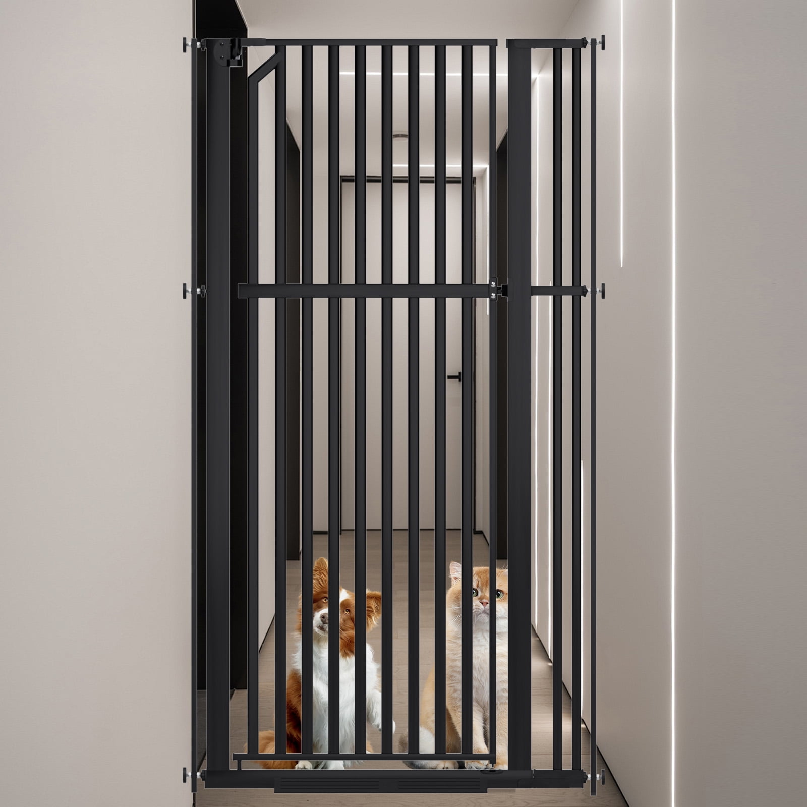 KORIMEFA 63" Extra Tall Baby Gate for Stairs 30"-37.8" Extra Wide Dog Gate for Doorways Hallways, Pressure Mounted Child Gate for Wide Opening, Auto Close Personal Safety for Babies and Pets, Black
