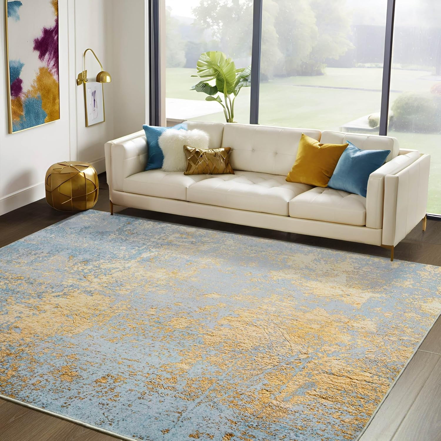 Lochas Abstract Area Rug Soft Modern Rugs for Living Room Bedroom Home Decor Indoor Carpet,4'x6',Blue/Gold