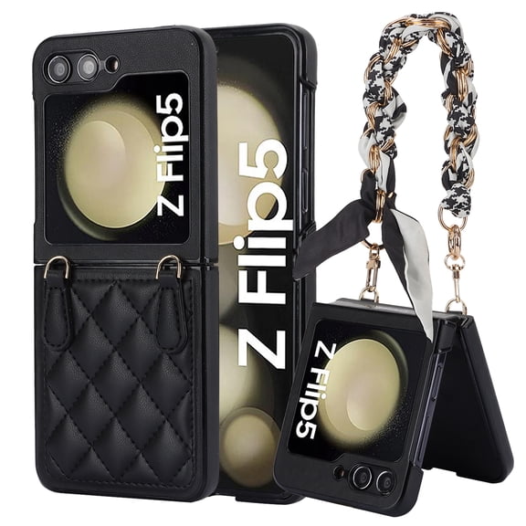 TECH CIRCLE for Samsung Galaxy Z Flip 5 Case with Luxury Detachable Chain Wrist Strap Bracelet Cute Case for Girls Women Slim Silk Scarf Design Shockproof PC Cover for Galaxy Z Flip 5 5G,Black