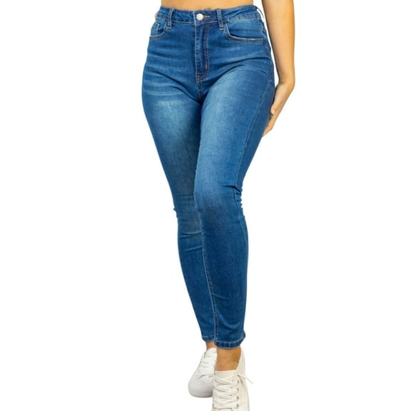 White Birch Womens High Rise Solid Woven Distressed Denim Jeans, Blue Denim (Small)