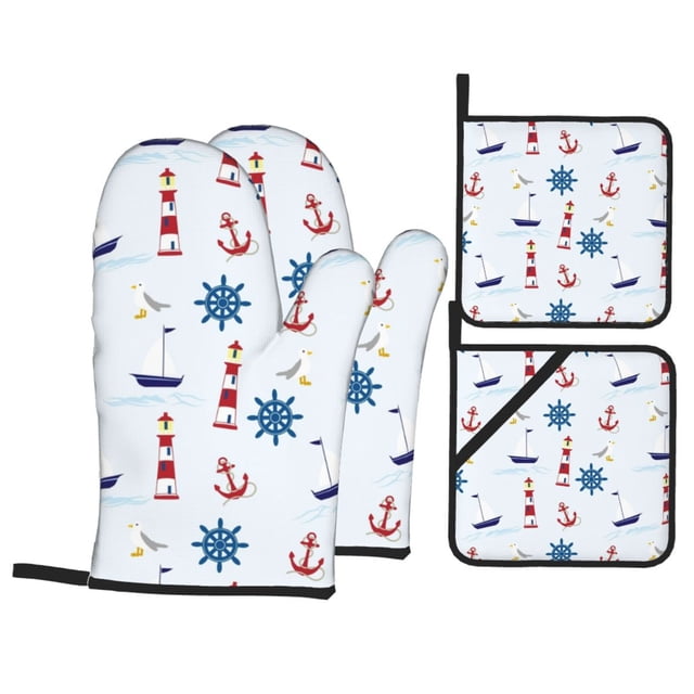 YFYANG Kits Mitaines et Porte-Pots 4 Pièces, Résistant à la Chaleur Lighthouse Sail Boat Seagull Graffiti Kitchen Tapis de Gant pour la Cuisson et la Cuisson