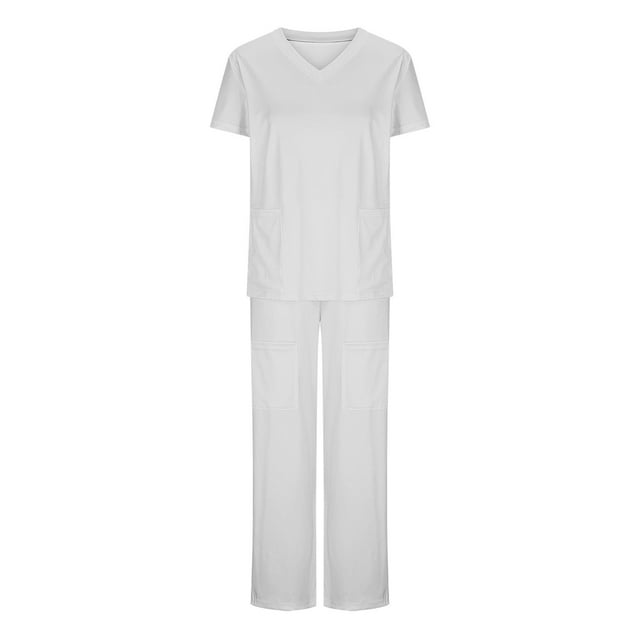 TIMIFIS Scrub Set for Women Nurse Uniform Jogger Suit Esthetician Workwear Solid V-neck Short Sleeved and Long Pants Work Suit with Pockets - Spring/Summer
