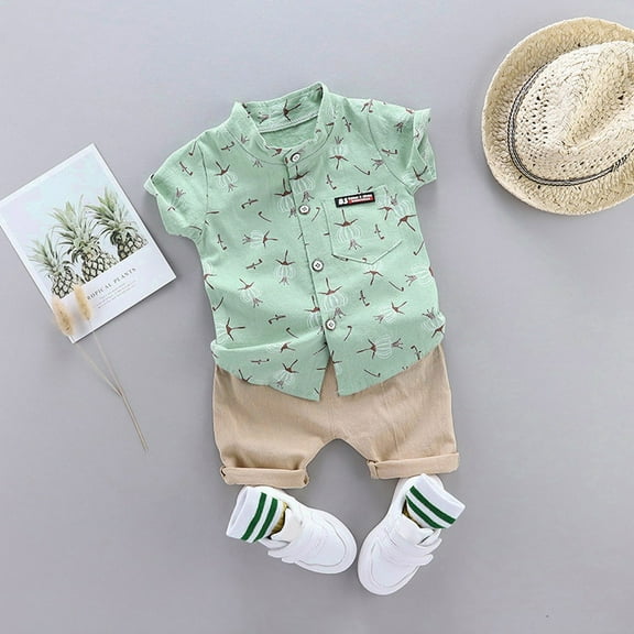 Tfken Boys Outfit Set Size 2 Years-3 Years Gentleman Kids Outfits Tops Baby Cartoon Shorts Floral Set Shirt Outfits Set Toddler Boy Outfit Green