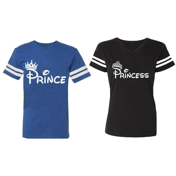 Fashion Prince Princess Matching Couple Cotton Jerseys (Men Royal / Women Black) (Men S / Women S)