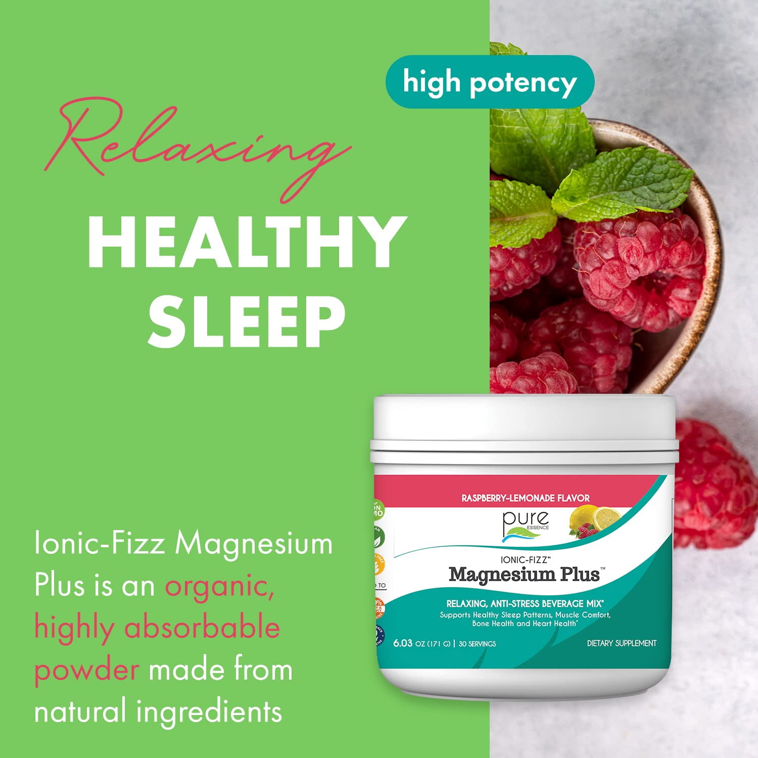 Pure Essence Labs Ionic Fizz Magnesium Plus, Anti-Stress Supplement Drink Powder, Gluten Free and Non-GMO Magnesium Powder (Raspberry Lemonade, 6.03 Ounce (Pack of 1))