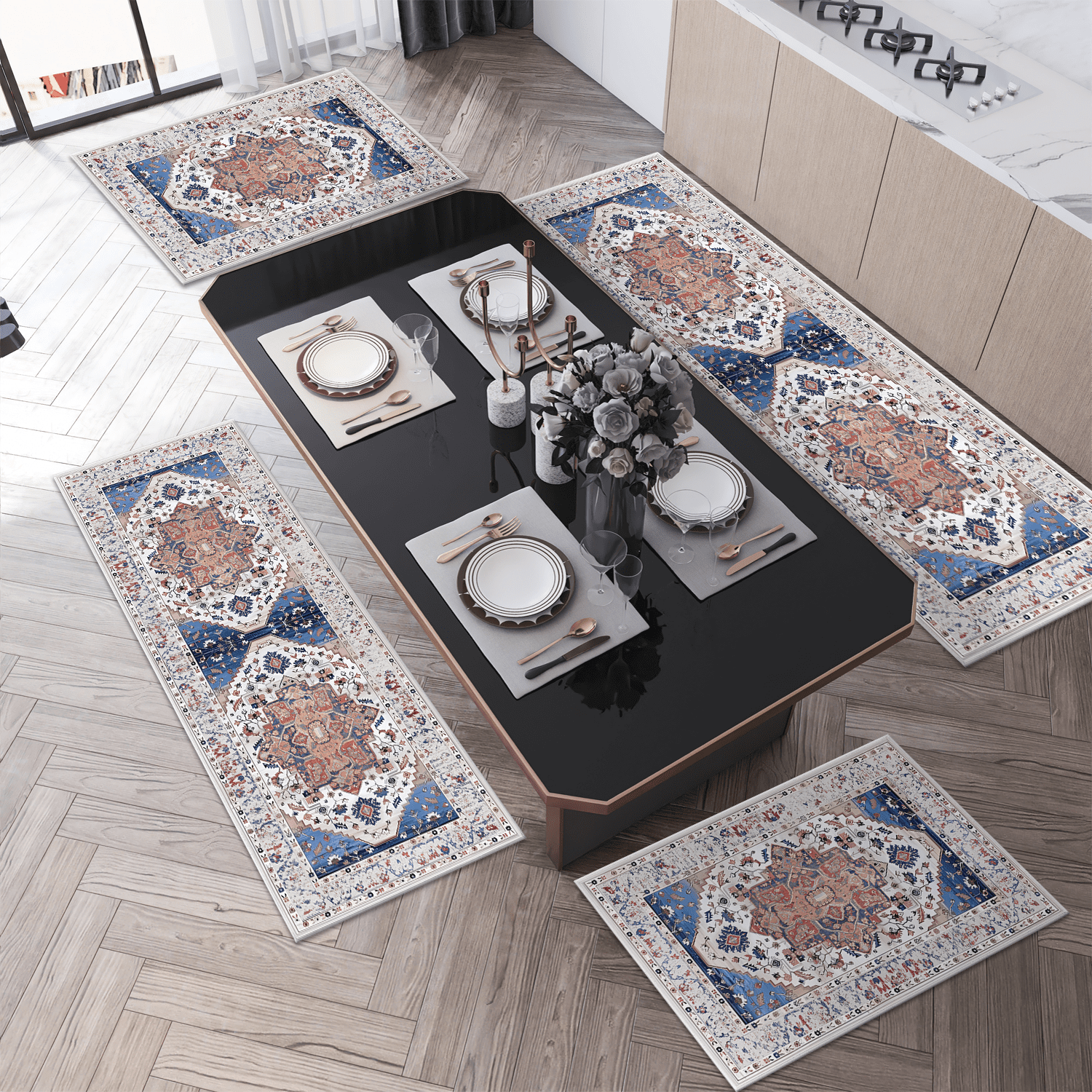 3 Pieces Kitchen Rug Sets with Runner Non Slip Washable Mats for Floor Thick Kitchen Floor Mat Carpet Runner Rugs for Hallway Laundry Holiday Decor