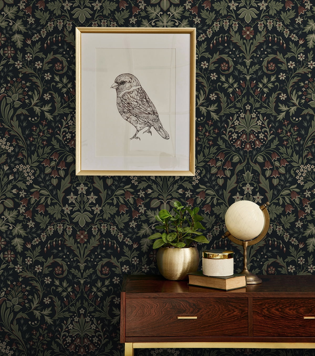 NextWall Midnight Blue & Sage Filigree Floral Peel and Stick Wallpaper - 20.5 in. W x 18 ft. L Roll