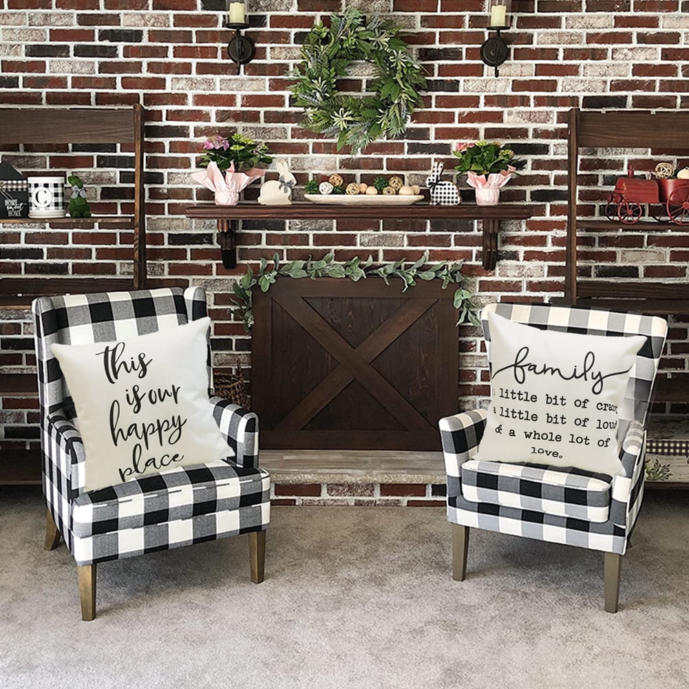 NYDECOR Farmhouse Pillow Covers 18x18 Set of 4 Rustic Family Throw Pillow Covers Quote Home Sweet Home Pillow Case This is Our Happy Place This is Us Cushion Cover Cotton Linen for Couch Sofa Bed