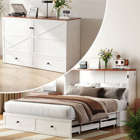 Puremind Full Size Murphy Bed with Mattress, Murphy Cabinet Bed with Storage Drawer and Charging Ports for Bedroom/Office/Guest Room, White
